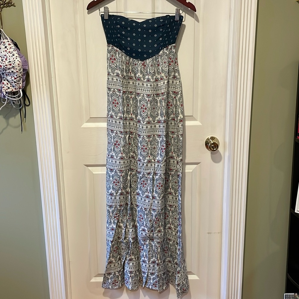Roxy Blue, White, and Red Strapless Maxi Dress